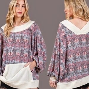 Long-Sleeved Front Pockets Multi Print Ribbed Oversized Sweater